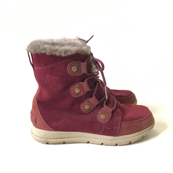 Sorel Explorer Joan Waterproof Boots Womens 8.5 Red Maroon Suede Faux Fur Snow - Picture 1 of 12